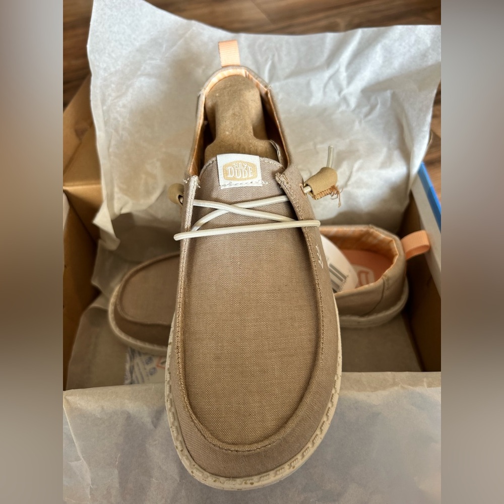Hey Dude Women's Tan Loafers with White Accents